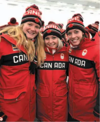  ?? PHOTO COURTESY OF SARAH BEAUDRY ?? Prince George’s three Olympians, from left Sarah Beaudry, Meryeta O’Dine and Megan Tandy, got together for a group photo in Pyeongchan­g, South Korea.