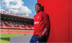  ?? Photograph: Fabio De Paola/The Guardian ?? Taiwo Awoniyi at the City Ground, where he says Nottingham Forest fans give the team ‘more power to push forward’.