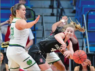  ?? TIMOTHY D. EASLEY/AP PHOTO ?? Stanford’s Karlie Samuelson passes away from the defense of Notre Dame’s Kathryn Westbeld (33) during the second half of Sunday’s NCAA tournament game at Lexington, Ky.