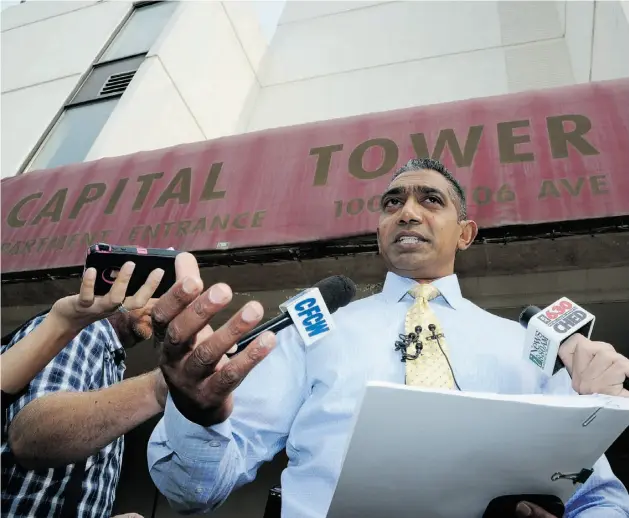  ?? PHOTOS: BRUCE EDWARDS/ EDMONTON JOURNAL ?? Edmonton police acting Staff Sgt. Ray Akbar discusses measures that have reduced crime at Capital Tower, nicknamed “Crack Tower” by some residents.