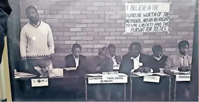  ?? Southern African Liaison Office ?? STEVE Biko, left, and Rubin Phillip, far right, at the annual conference of the South African Students’ Organisati­on in 1971. |