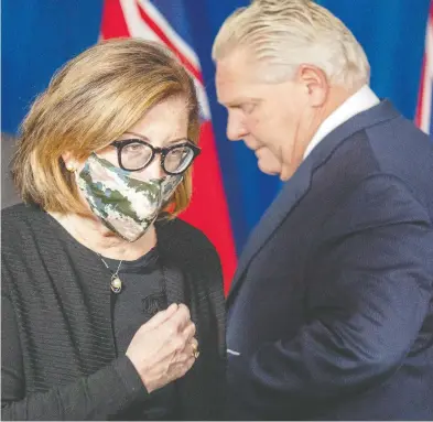  ?? FRANK GUNN / THE CANADIAN PRESS ?? Ontario Associate Medical Officer of Health Dr. Barbara Jaffe walks to the podium to speak after Premier Doug Ford at the daily briefing at Queen's Park on Friday. Ford says projection­s for new COVID-19 cases in Ontario are “scary.”