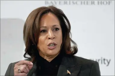  ?? MICHAEL PROBST — THE ASSOCIATED PRESS ?? Vice President of the United States Kamala Harris speaks at the Munich Security Conference in Munich, Saturday, Feb. 18, 2023. The 59th Munich Security Conference (MSC) is taking place from Feb. 17to Feb. 19, 2023at the Bayerische­r Hof Hotel in Munich.