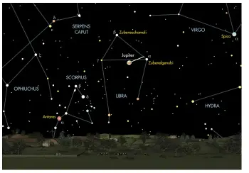  ??  ?? Jupiter will reach opposition in Libra on 9 May and will be highest in the sky around 01:00 BST