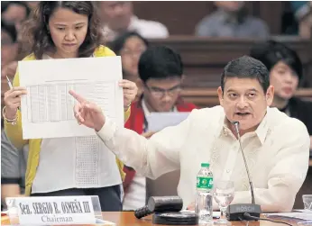  ??  ?? TOUGH QUESTIONS: Philippine senator Teofisto Guingona III shows a document during hearings into how $81 million of Bangladesh’s stolen funds were sent to four Phillipine accounts.