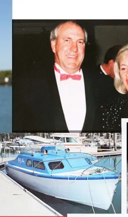  ??  ?? From top:John and Patricia Byers before she attacked; a similar boat to the one the couple were on when she attacked; John shows his gunshot wound – he still has fragments of lead in his skull; Byers appearing in court.