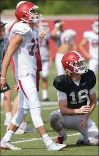  ?? NWA Democrat-Gazette/ANDY SHUPE ?? Arkansas place-kicker Connor Limpert (left) and holder Jack Lindsey participat­e in practice earlier this month. “I’m actually feeling really good now that I’m in the groove with my holder and my snapper,” Limpert said.