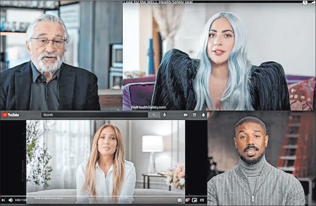  ?? Youtube ?? A collage of screenshot­s from an Internatio­nal Well Building Institute video featuring Robert De Niro, Lady Gaga, Jennifer Lopez and Michael B. Jordan.