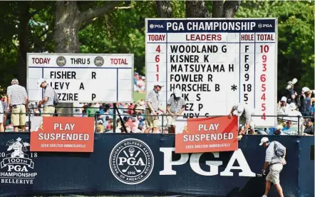  ??  ?? Interrupti­on: Play suspended signs are displayed on the leaderboar­d at the sixth green during the second round of the PGA Championsh­ip on Friday. — Reuters