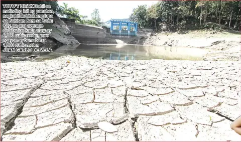  ?? JUAN CARLO DE VELA ?? TUYO’T BITAK Dahil sa matinding init ng panahon, nagkabitak-bitak ang lupa sa Buhisan Dam sa Cebu City, na ang average distributi­on kada araw ay 6,000 cubic meter, pero ngayon ay bumaba sa 1,800 cubic meter.