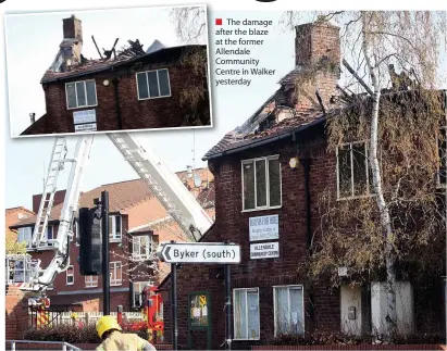  ??  ?? ■ The damage after the blaze at the former Allendale Community Centre in Walker yesterday