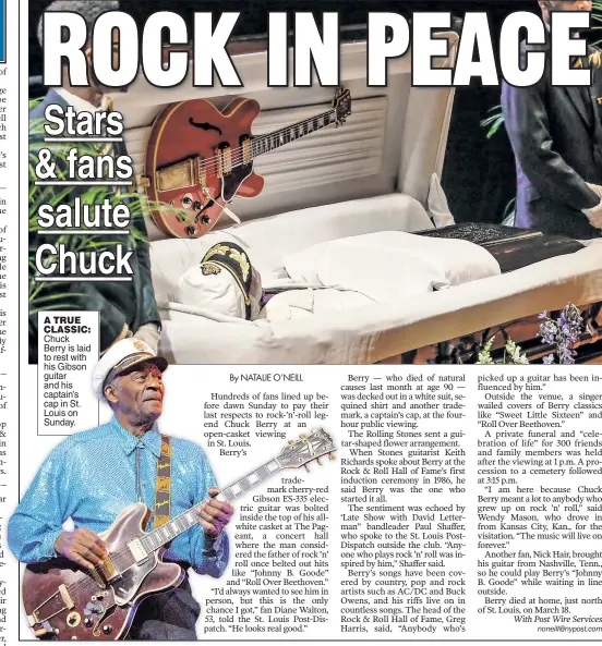  ??  ?? A TRUE CLASSIC: Chuck Berry is laid to rest with his Gibson guitar and his captain’s cap in St. Louis on Sunday.