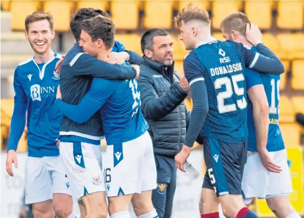  ??  ?? JOY OF SIX: St Johnstone manager Callum Davidson congratula­tes his players after their win over Ross County on Saturday secured a top-six finish.