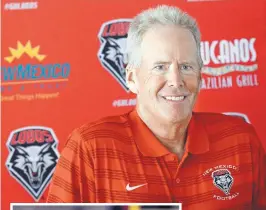  ?? JOURNAL FILE ?? Above, UNM football coach Bob Davie takes questions from the media just days before the start of the 2018 football season and the Lobos’ opening game. At left, Davie walks the sidelines just before the end of the Nov. 16 game against Boise State at DreamStyle Stadium. Boise State won 45-14.