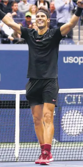  ?? AP ?? Rafael Nadal exults after beating Kevin Anderson in the men's singles final on Sunday.