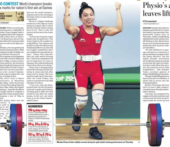  ?? PTI ?? Mirabai Chanu broke multiple records during her gold medalwinni­ng performanc­e on Thursday.