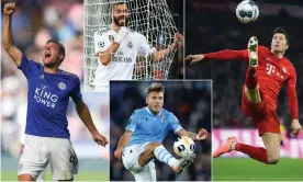  ??  ?? Leicester City’s Jamie Vardy, Karim Benzema of Real Madrid, Bayern Munich’s Robert Lewandowsk­i and Ciro Immobile of Lazio have been frequently finding the net this season. Composite: News Images/Shuttersto­ck; Quality Sport Images/Getty Images; EPA; NurPhoto via Getty Images