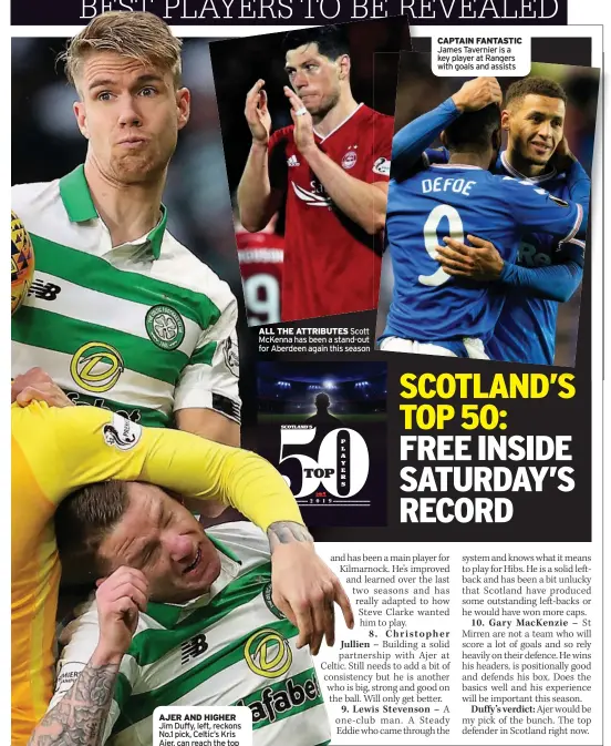  ??  ?? AJER AND HIGHER Jim Duffy, left, reckons No.1 pick, Celtic’s Kris Ajer, can reach the top
ALL THE ATTRIBUTES Scott McKenna has been a stand-out for Aberdeen again this season
CAPTAIN FANTASTIC James Tavernier is a key player at Rangers with goals and assists