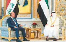  ??  ?? Shaikh Mohammad Bin Zayed Al Nahyan with Barham Salih at the Presidenti­al Palace in Abu Dhabi yesterday. Right: Shaikh Mohammad holding talks with US National Security Adviser John Bolton in Abu Dhabi.