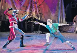  ??  ?? On the front foot: Peter Pan performed at the Open Air Theatre, Regent’s Park, with Sam Angell as Peter Pan and Dennis Herdman as Hook