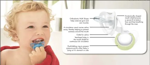  ??  ?? Orthodonti­c NUK Shape helps exercise gum and jaw muscles A circulatio­n canal carries saliva away, thereby helping to prevent soreness around the mouth Outlet for saliva Ventilated holes in the mouth shield for continuous air circulatio­n Flush-folding...