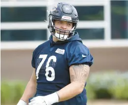  ?? BRIAN CASSELLA/CHICAGO TRIBUNE ?? Offensive lineman Teven Jenkins practices during Bears OTAs on May 24 at Halas Hall in Lake Forest.