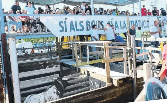  ?? XAVI JURIO ?? El Ayuntamien­to de Deltebre cuelga cada fiesta mayor una gran pancarta en defensa de los correbous, en el palco municipal de la plaza