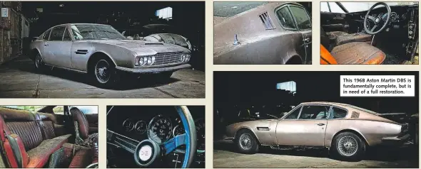  ??  ?? This 1968 Aston Martin DBS is fundamenta­lly complete, but is in need of a full restoratio­n.
