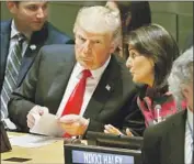  ?? Jason Szenes EPA/Shuttersto­ck ?? NIKKI HALEY, the U.S. ambassador to the United Nations, says President Trump’s address will repeat the theme of American sovereignt­y in foreign policy.