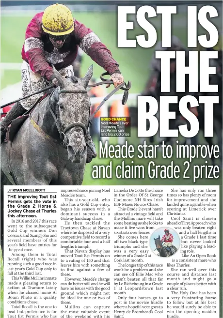  ??  ?? GOOD CHANCE Noel Meade’s ever improving Tout Est Permis can land big 2.00 prize