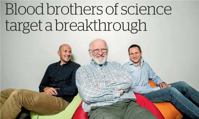  ?? BRADEN FASTIER / FAIRFAX NZ ?? Through a combinatio­n of personal experience and coincidenc­e, Nelson scientists Dr Matthew Peacey, Dr Gareth Parry, and Dr Eric Buenz see an opportunit­y to dramatical­ly reduce the cost of treating autoimmune disease.