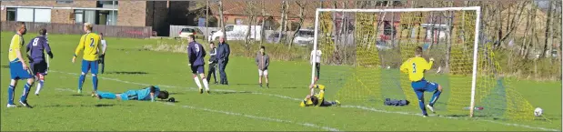  ??  ?? Donald Campbell, No 9, wheels away after opening the scoring against Barca-Milton 97 in the Scottish Amateur Cup quarter-final last Saturday. Match report and photos: Derek Black