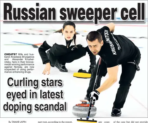  ??  ?? CHEATS? Wife and husband Anastasia Bryzgalova and Alexander Krushelnit­sky, here in their bronzemeda­l winning performanc­e against Norway, are now suspected of using performanc­e-enhancing drugs.