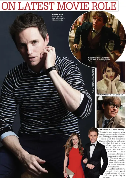  ??  ?? MAYNE MAN Eddie has the lead role again in hit new movie MAGIC As Newt Scamander in the new JK Rowling movie MADE UP Eddie in The Danish Girl As young Hawking