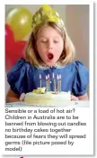  ??  ?? Sensible or a load of hot air? Children in Australia are to be banned from blowing out candles no birthday cakes together because of fears they will spread germs (file picture posed by model)