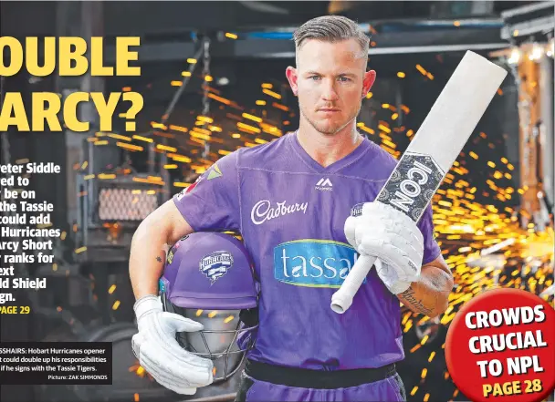  ?? Picture: ZAK SIMMONDS ?? IN THE CROSSHAIRS: Hobart Hurricanes opener D’Arcy Short could double up his responsibi­lities in Tasmania if he signs with the Tassie Tigers.