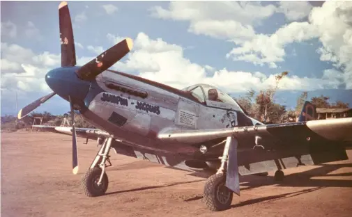  ??  ?? “Jumpin’ Jacques” at Laoag Airfield, Luzon, Philippine­s, April 1945. A unique color photograph from World War II. Young’s father sent his son color slide film during the war, where Young captured beautiful images of his aircraft. (Photo courtesy of the Ethell Collection)