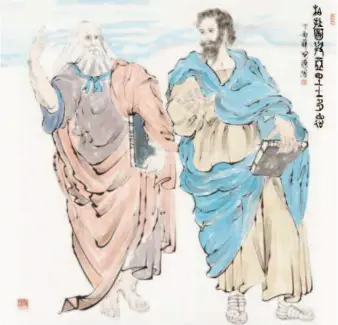  ??  ?? Greek philosophe­rs Plato (429-347 B.C.) and Aristotele­s (384-322 B.C.), a painting by Xue Xiaoyuan.