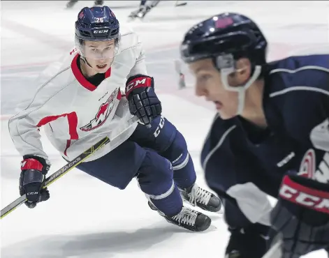  ?? PHOTOS: DON HEALY ?? Regina Pats forward Cole Sanford, left, says there is ‘obviously pressure’ to produce since being acquired from Medicine Hat.