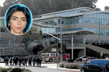  ?? PHOTO: AP ?? Law enforcemen­t officers walk towards the YouTube headquarte­rs in San Bruno, California, yesterday after a woman opened fire, wounding three people, before turning the gun on herself. Inset: Nasim Aghdam.