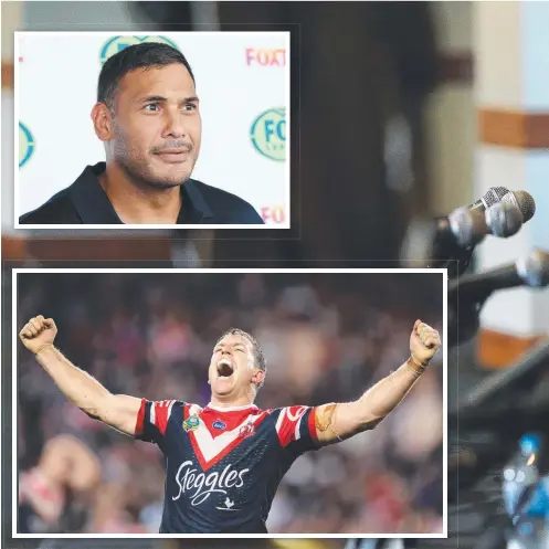  ??  ?? CRUNCH TIME: ( Main picture) Cooper Cronk at yesterday’s grand final media conference at the SCG. ( Top left) Justin Hodges ( bottom) Roosters playmaker Mitchell Aubusson, who is in line to replace Cronk and ( below) Cronk with his arm in a sling.