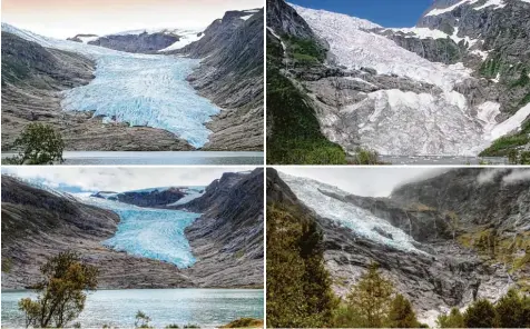  ?? Fotos: Picture Alliance, Hinrich Bäsemann ?? Das Schmelzen der Gletscher gehört zum weltweiten Klimawande­l, hier nachzuverf­olgen zwischen August 2002 und September 2009 am norwegisch­en Engabreen (links) so wie am Boyabreen (ebenfalls Norwegen) zwischen August 1993 und September 2009 (rechts).