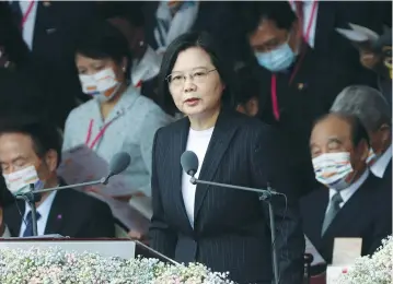  ?? ( Ann Wang/ Reuters) ?? TAIWAN PRESIDENT Tsai Ing- wen delivers a speech during National Day celebratio­ns in front of the Presidenti­al Building in Taipei, Taiwan yesterday.