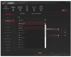  ??  ?? Asus Aura Sync biedt een overzichte­lijke interface voor meerdere ondersteun­de producten. Je kunt ze samen identieke kleuren laten weergeven, of elk onderdeel zijn eigen kleur geven.