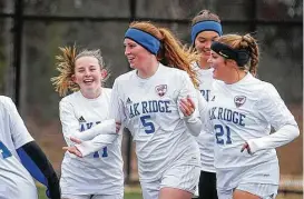  ?? Michael Minasi ?? Oak Ridge’s Grace Eason (5) celebrates after scoring a goal during the Cavs and Cleats Classic girls soccer tournament against Willis on Jan. 18 at the Gosling Sports Complex in The Woodlands.