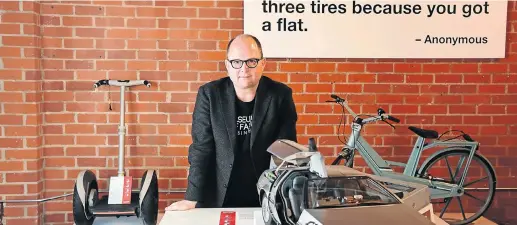  ?? Pictures: AFP ?? Samuel West, curator of the Museum of Failure, poses among some of its displays, including a plastic bicycle, a DeLorean car and a Segway, in downtown Los Angeles. The pop-up museum was unveiled in Sweden in June, before opening in California this...