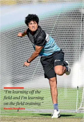  ?? GETTY IMAGES ?? Left-arm spinner Rachin Ravindra bowls during a New Zealand nets session at their pre-England tour training camp at Lincoln.