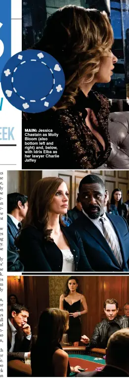  ??  ?? MAin:
Jessica Chastain as Molly Bloom (also bottom left and right) and, below, with Idris Elba as her lawyer Charlie Jaffey