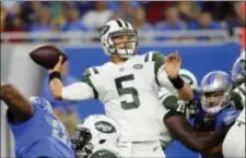  ?? THE ASSOCIATED PRESS ?? Jets quarterbac­k Christian Hackenberg throws during the first half of Saturday night’s preseason game against the Lions.