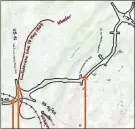  ?? Contribute­d ?? A map with orange arrows showing the location of three Civil War earthworks along the right of way for the Rome to Cartersvil­le Developmen­t Corridor. The corridor is outlined in black.